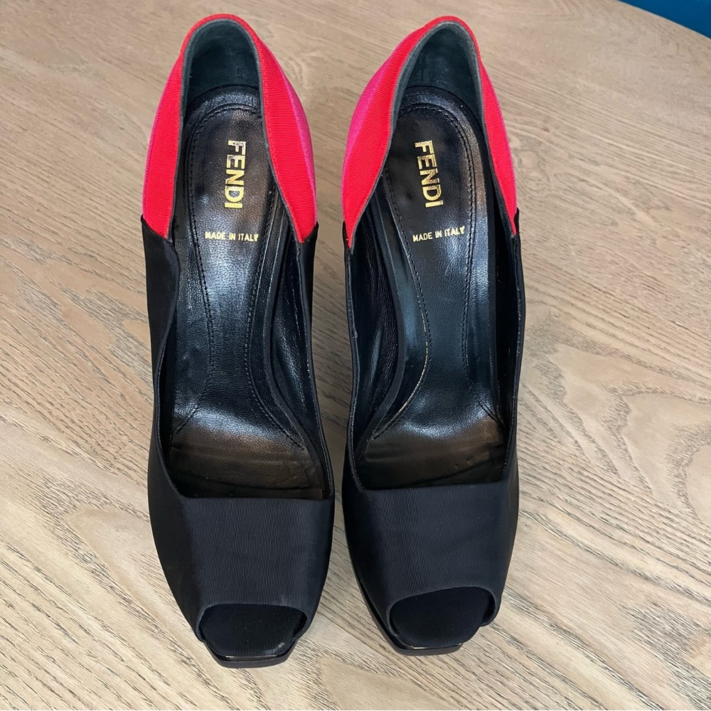Fendi Colorblock Satin Fendista Peep Toe Platform Tricolor Pink Pumps Size 38.5 - Picture 6 of 9